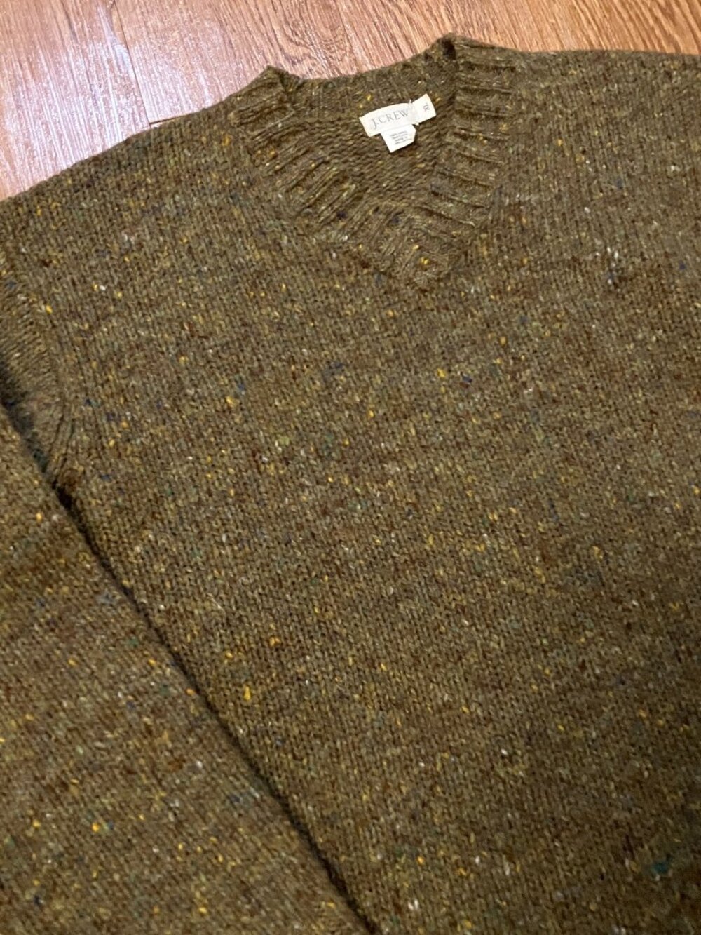 Vintage J Crew Sweater Shetland Wool V Neck XL Tweed Fleck Green Marled Pullover
